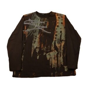 Pavi Italy Mens 3XL Long Sleeve Shirt Brown Abstract Graphic Print Cotton Blend